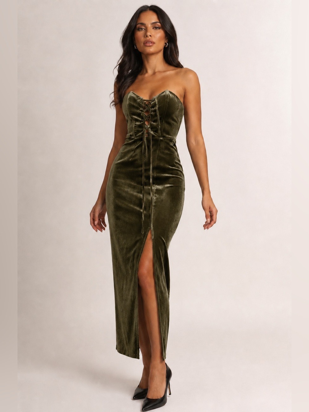 Homage Olive Green Velvet Lace Up Corset 
Bodycon Midi Dress
Size Small